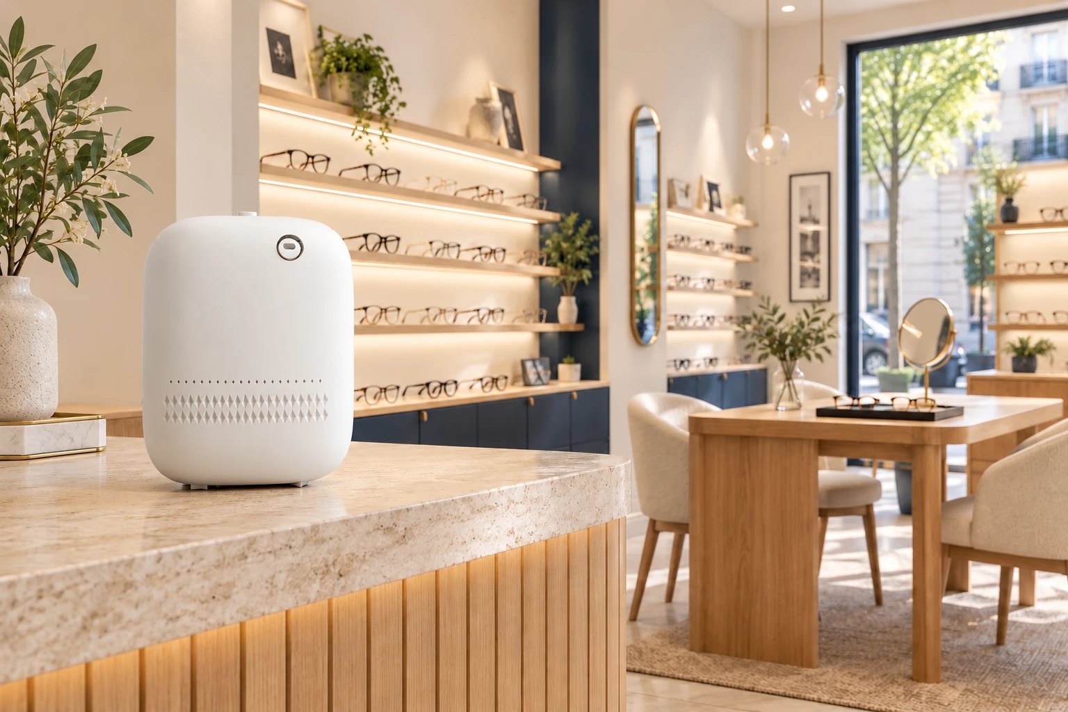 Diffuseur Aura blanc posé sur un comptoir en pierre dans une boutique d’optique, présentoirs de lunettes éclairés en arrière-plan