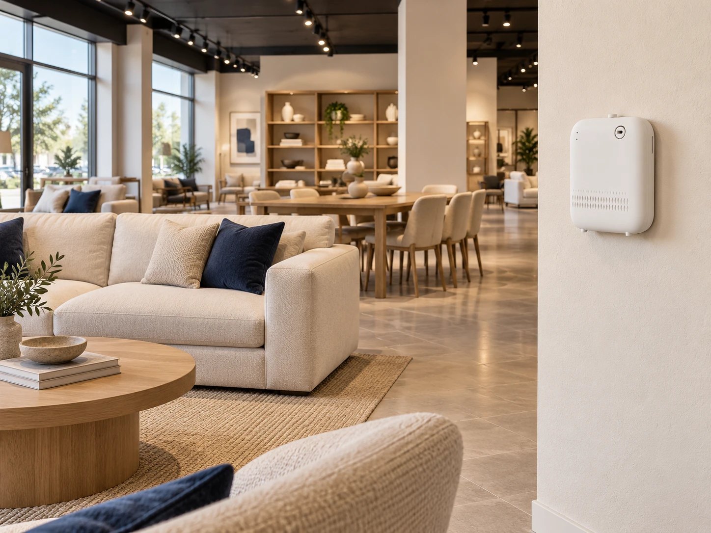 Diffuseur Aura blanc fixé au mur d’un showroom de mobilier, canapés et tables exposés en arrière-plan