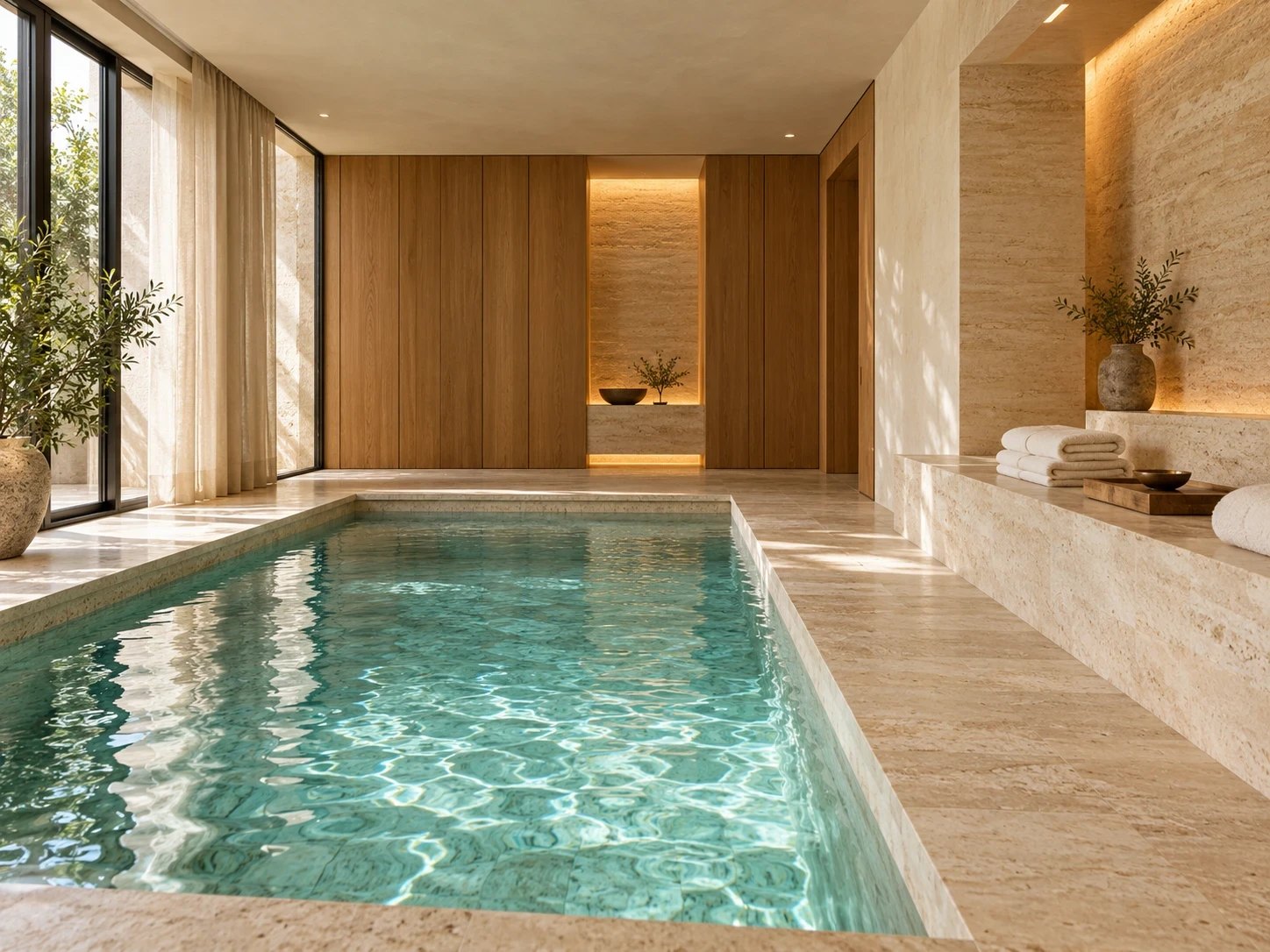 Bassin intérieur d’un spa aux murs en travertin et bois clair, serviettes roulées et rideaux de lin.