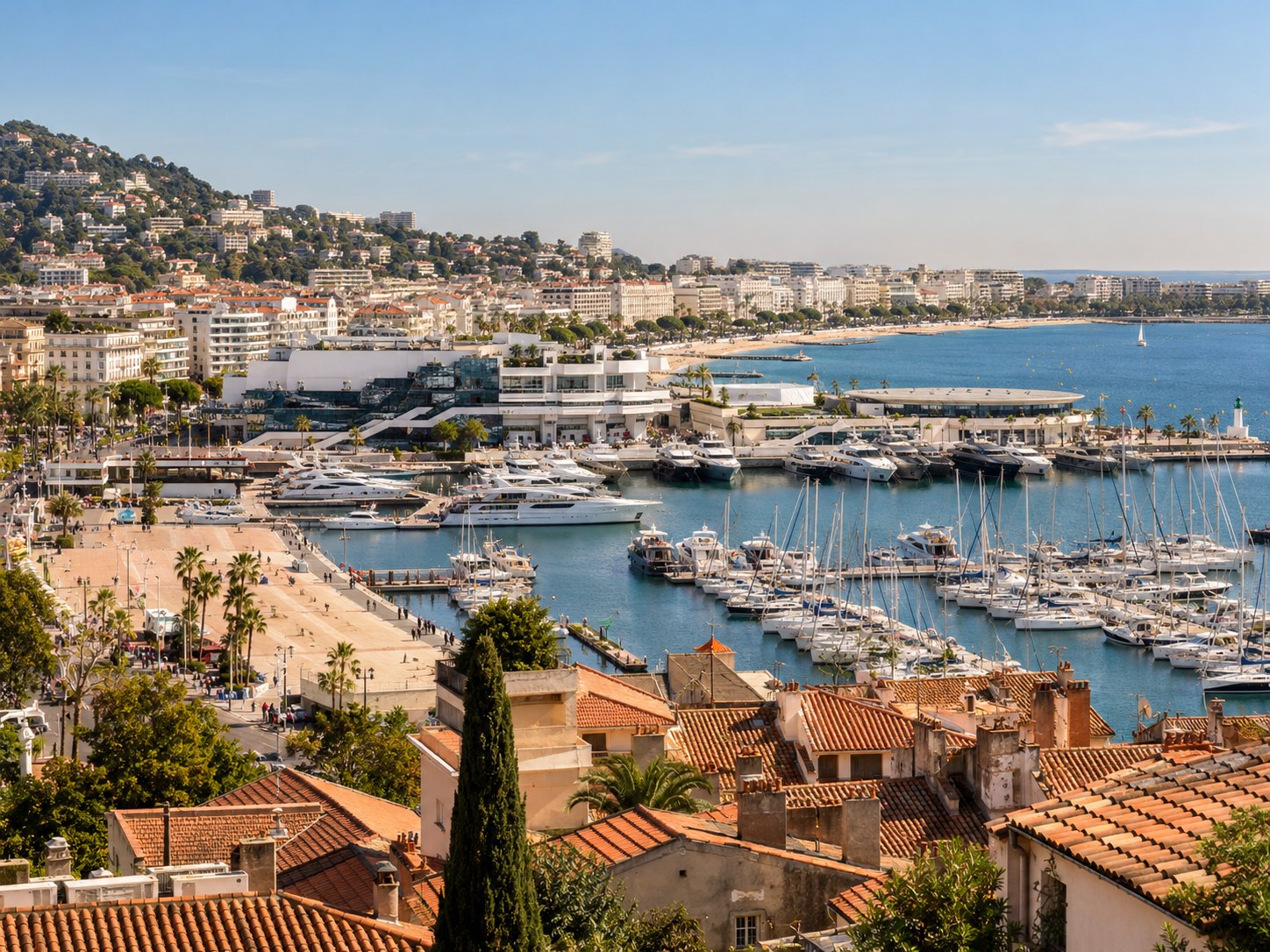 Vue sur le Vieux-Port de Cannes, les toits de la ville et le front de mer.