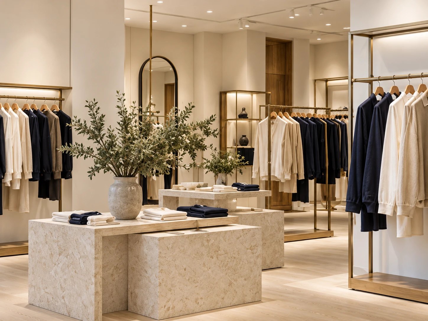 Boutique de prêt-à-porter aux portants dorés et présentoirs en pierre