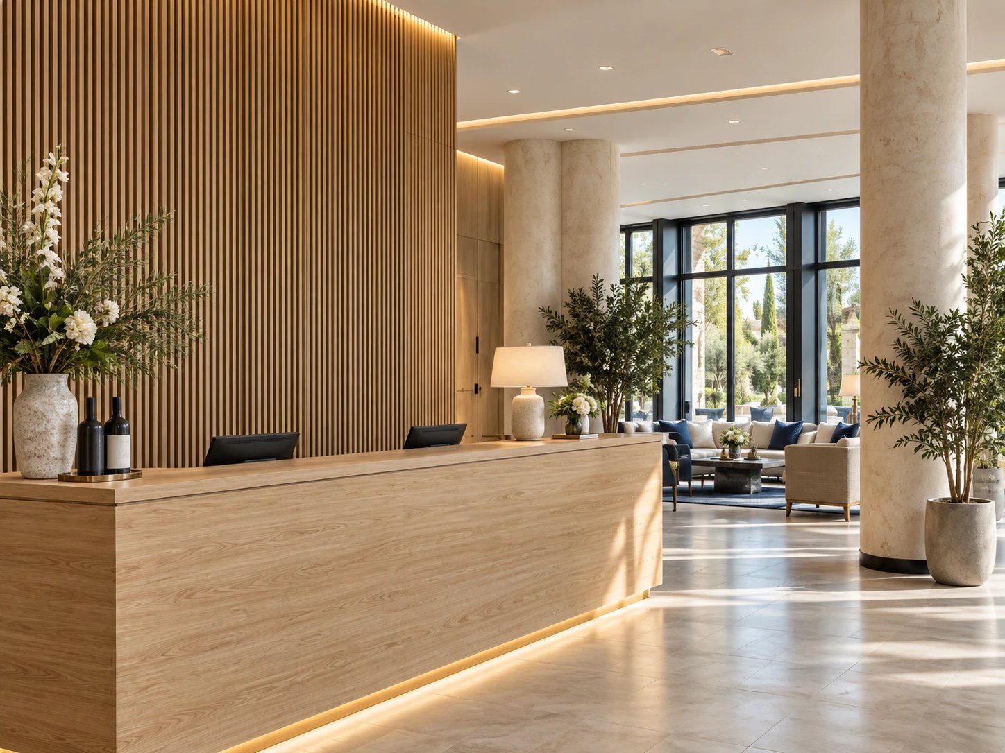 Réception d'hôtel en bois clair, fleurs et fauteuils près des baies