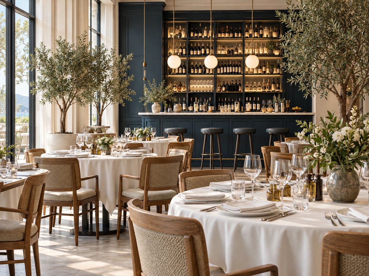 Salle de restaurant aux tables dressées, bar aux étagères de bouteilles