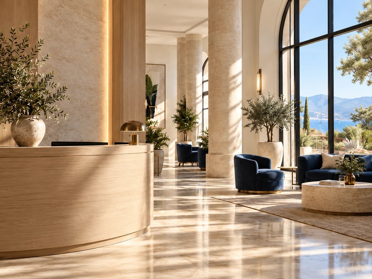 Hall d’hôtel lumineux avec réception en bois, fauteuils bleu marine et vue sur la mer.