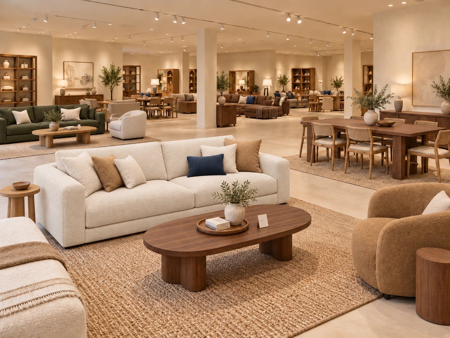 Showroom de mobilier lumineux aux canapés crème et caramel, tables en noyer, tapis en jute et coin repas en bois.