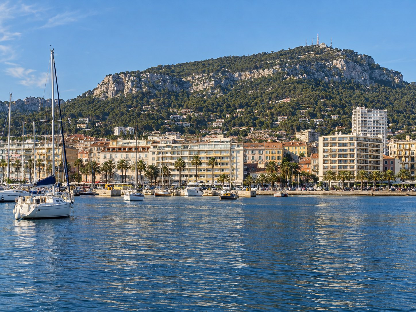 Vue sur le port de Toulon, ses bateaux et les façades du front de mer.